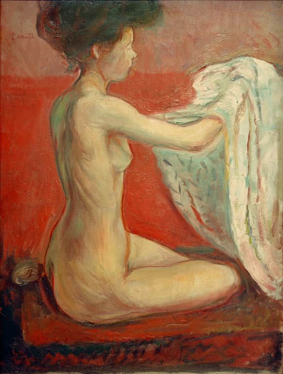 Nackte Frau kniet auf rotem Tuch und hält ein weißes Laken hoch – Edvard Munch Pariser Modell Kunstkopie