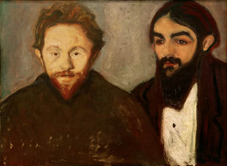 Zwei bärtige Männer, rothaarig und dunkelhaarig, vor grauem Grund – Edvard Munch Paul Herrmann und Paul Contard Kunstkopie