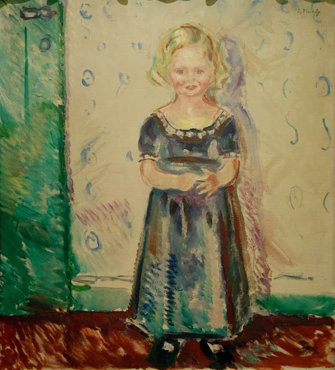 Kleines blondes Mädchen in dunklem Kleid vor gemusterter Wand neben grüner Tür – Edvard Munch Pernille Kirkeby Kunstkopie