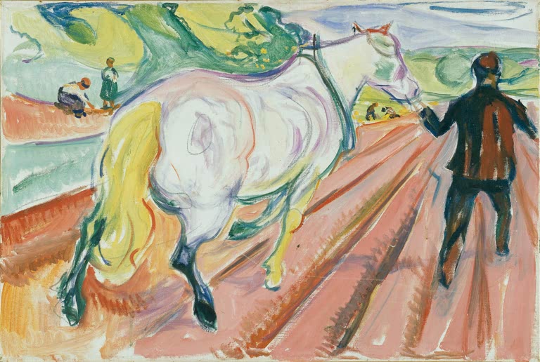 Mann führt ein helles Pferd über einen gepflügten Acker – Edvard Munch Pferd und Mann auf dem Feld Kunstkopie