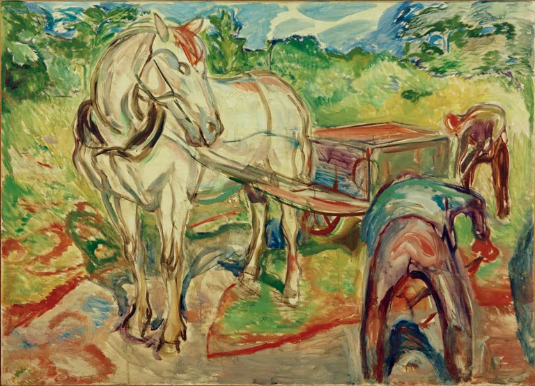 Weißes Pferd mit Wagen und grabende Männer in Landschaft – Edvard Munch Pferd und Wagen und grabende Männer Kunstkopie