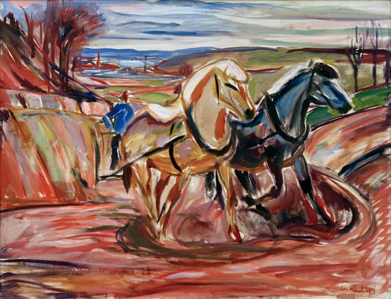 Zwei Pferde, ein helles und ein dunkles, vor einem Pflug auf rotem Boden – Edvard Munch Pferde Kunstkopie