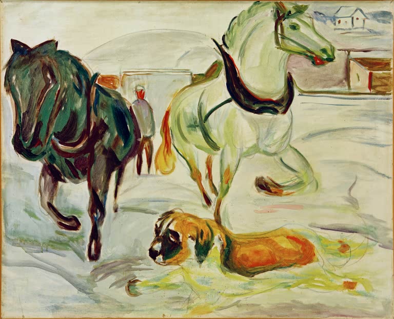 Zwei Pferde ziehen im Schnee, davor liegt ein Bernhardiner – Edvard Munch Pferdegespann im Schnee Kunstkopie