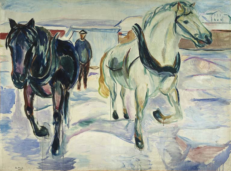 Schwarzes und weißes Pferd ziehen durch Schnee, dahinter ein Mann – Edvard Munch Pferdegespann im Schnee Kunstkopie