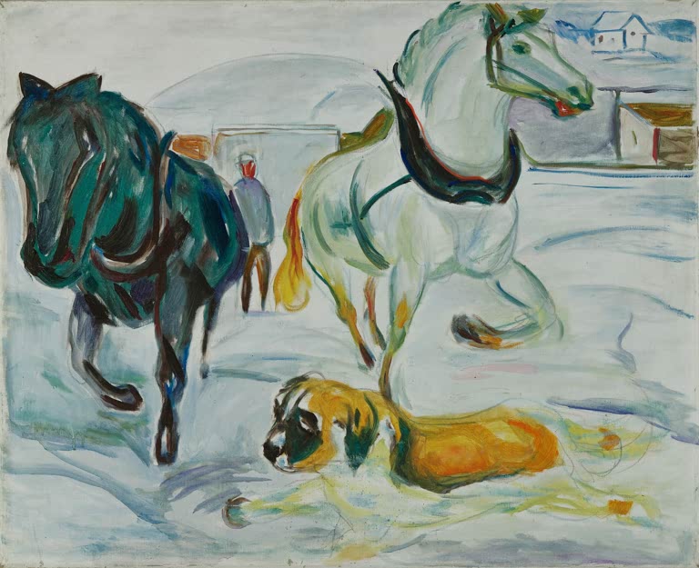 Zwei Pferde und ein Bernhardiner im Schnee – Edvard Munch Pferdegespann und ein Bernhardiner im Schnee Kunstkopie