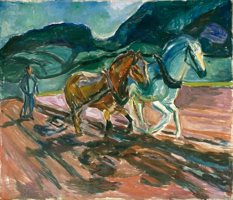 Zwei Pferde ziehen den Pflug über ein Feld, daneben ein Mann vor grünen Hügeln – Edvard Munch Pflügende Pferde Kunstkopie