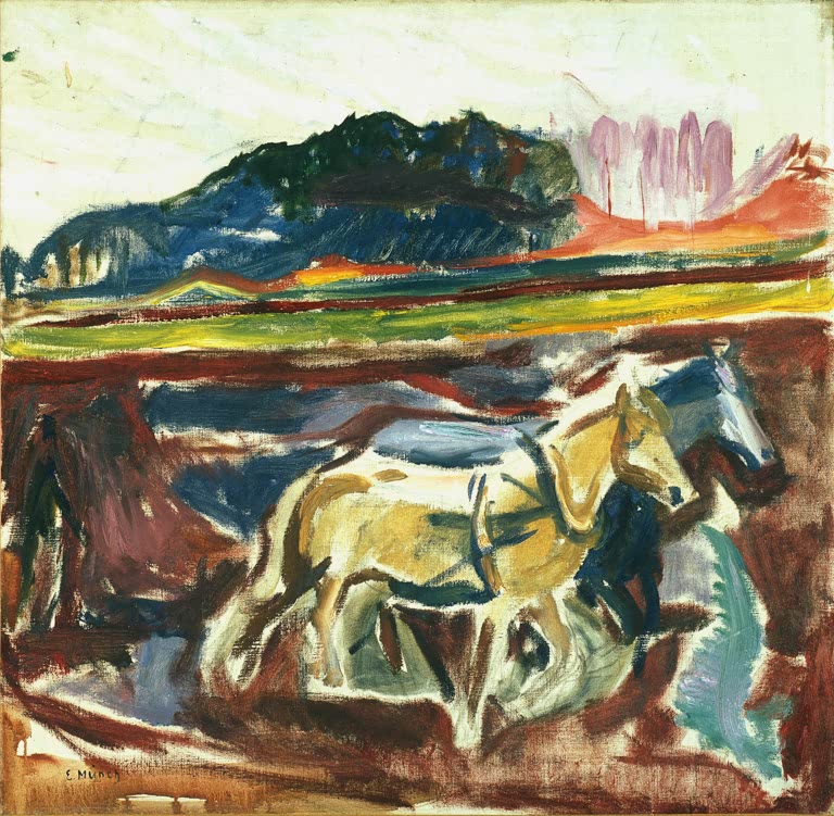 Zwei helle Pflugpferde ziehen durch einen farbigen Acker vor einem bewaldeten Hügel – Edvard Munch Pflugpferde Kunstkopie