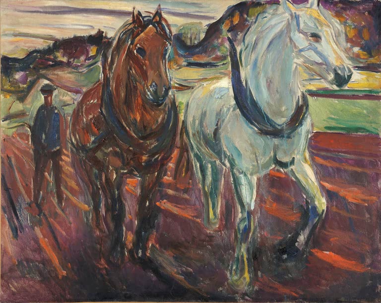 Braunes und weißes Pferd nebeneinander als Gespann auf rotbraunem Feld, links ein Mann – Edvard Munch Pflugspänner Kunstkopie