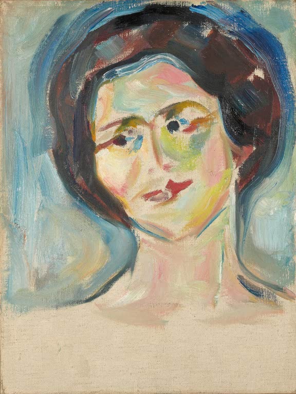 Frauenkopf mit dunklem Haar in hellen Blau-, Grün- und Rosatönen auf Leinwand – Edvard Munch Porträt eines Modells Kunstkopie
