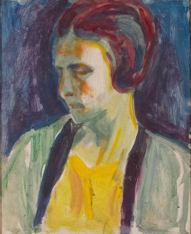 Profil einer Frau mit rotem Haar und gelber Bluse vor blauem Grund – Edvard Munch Porträt eines weiblichen Modells Kunstkopie