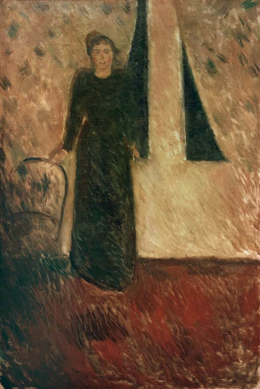 Frau in dunklem Kleid steht neben einem Stuhl vor gemusterter Wand – Edvard Munch Porträt Frau Alexandra Thaulow Kunstkopie