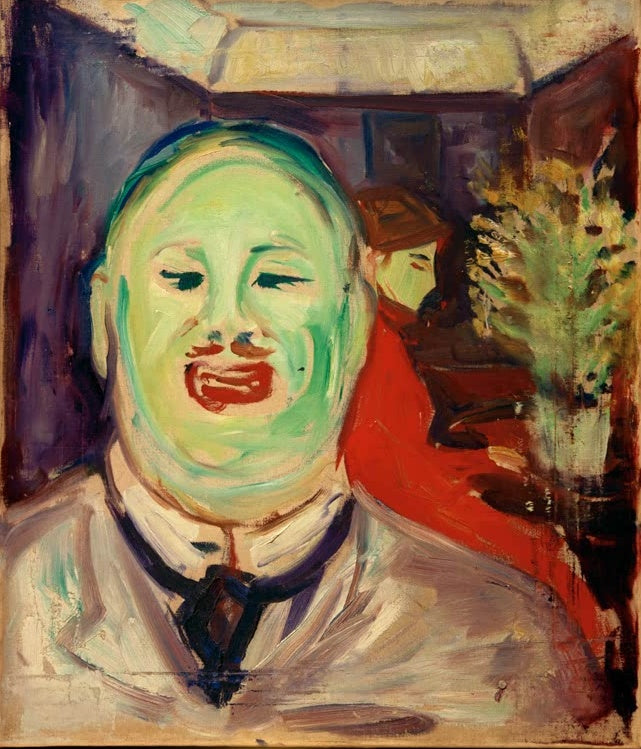 Porträt eines Mannes mit grünem Gesicht und rotem Mund im hellen Hemd – Edvard Munch Porträt Hendrik Lund Kunstkopie