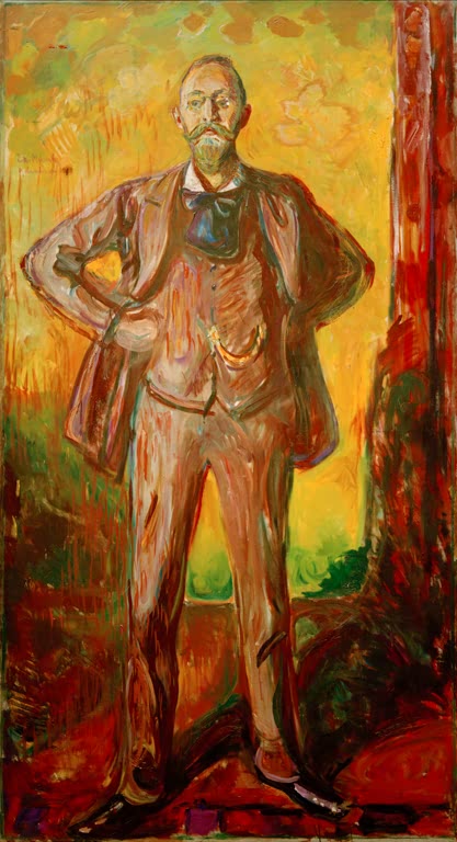 Stehender Mann im Anzug, Hand in der Hüfte, vor rot und gelber Wand – Edvard Munch Professor Daniel Jacobson Kunstkopie