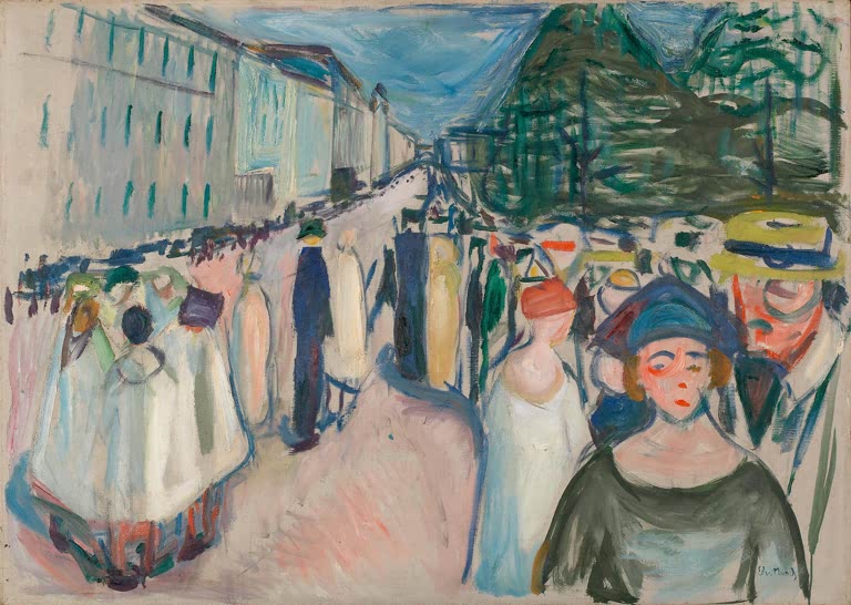 Flanierende Menschenmenge in hellen Kleidern auf der Straße – Edvard Munch Promenade an der Karl Johans gate Kunstkopie