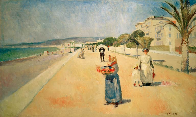 Strandpromenade mit Palmen, Blumenverkäuferin und Spaziergängern – Edvard Munch Promenade des Anglais, Nizza Kunstkopie