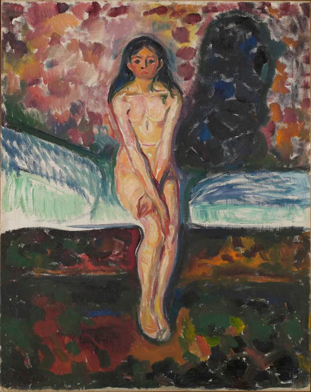 Nacktes junges Mädchen sitzt verschüchtert auf einer Bettkante – Edvard Munch Pubertät Kunstkopie