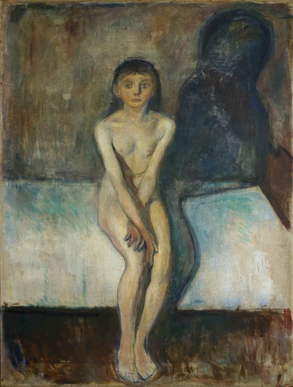 Nacktes Mädchen sitzt auf einer Bettkante, hinter ihm ein großer dunkler Schatten – Edvard Munch Pubertät Kunstkopie