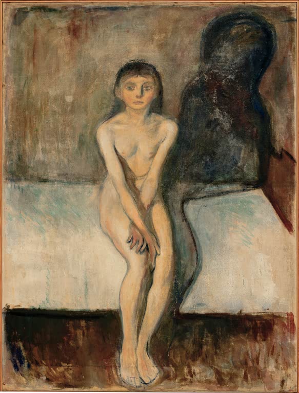 Nacktes junges Mädchen sitzt verlegen auf einer Bettkante, hinter ihr ein dunkler Schatten – Edvard Munch Pubertät Kunstkopie
