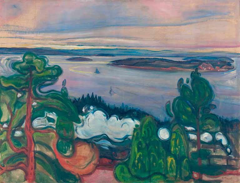 Fjordlandschaft mit Kiefern und weißer Rauchwolke im Vordergrund – Edvard Munch Rauch eines vorbeifahrenden Zuges Kunstkopie