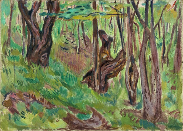 Lichter Sommerwald mit knorrigen Stämmen und üppig grünem Gras – Edvard Munch Raue Baumstämme im Sommer Kunstkopie