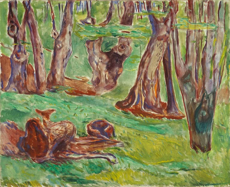Knorrige Baumstämme auf grüner Wiese, davor ruhende Rehe im Sommer – Edvard Munch Raue Baumstämme im Sommer Kunstkopie