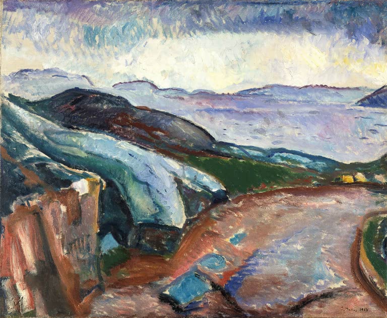 Felsige Küste mit blauem Gestein und Meer unter bewölktem Himmel – Edvard Munch Regen an der Küste Kunstkopie