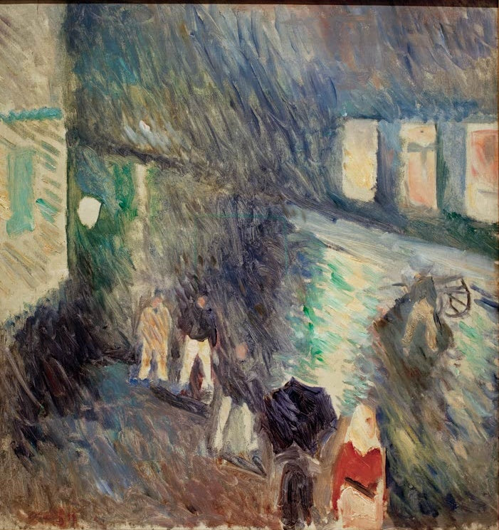Menschen mit Regenschirm auf nasser Straße vor erleuchteten Fenstern – Edvard Munch Regenwetter bei Kristiania Kunstkopie