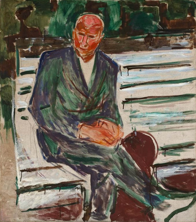 Edvard Munch Rolf Hansen Kunstkopie, sitzender Mann mit rotem Gesicht und grünem Mantel vor gestreiftem Hintergrund
