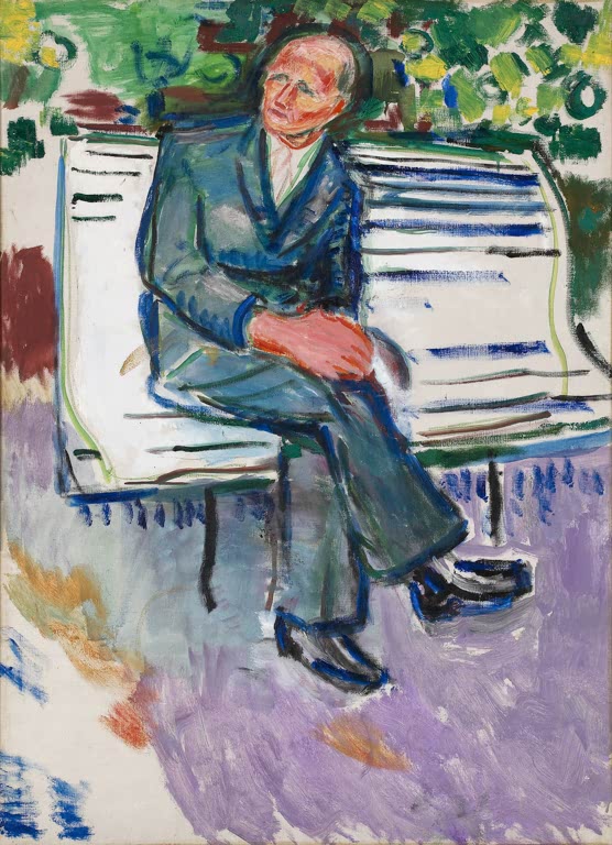 Älterer Mann sitzt mit gefalteten Händen auf einer weißen Gartenbank unter Laub – Edvard Munch Rolf Hansen Kunstkopie