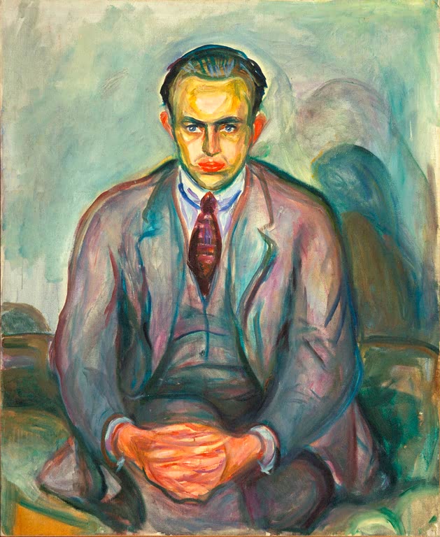 Sitzender Mann im grauen Anzug mit roter Krawatte, die Hände gefaltet – Edvard Munch Rolf Stenersen Kunstkopie