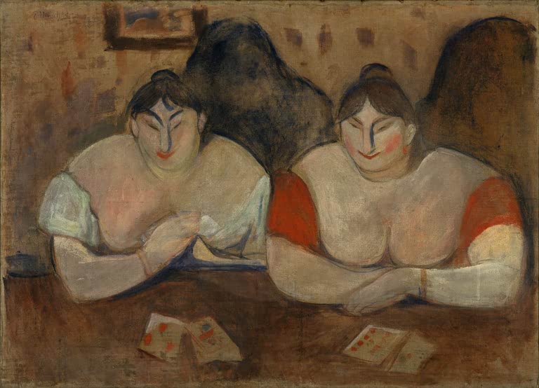 Zwei Frauen mit Haarknoten und Karten am Tisch – Edvard Munch Rosa und Amalie Kunstkopie