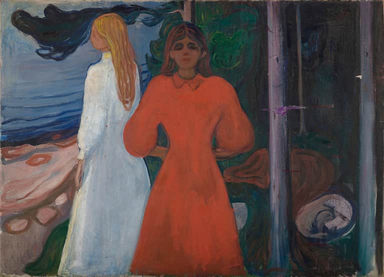 Zwei junge Frauen in Weiß und in Rot stehen am Ufer vor dunklem Wald – Edvard Munch Rot und Weiß Kunstkopie