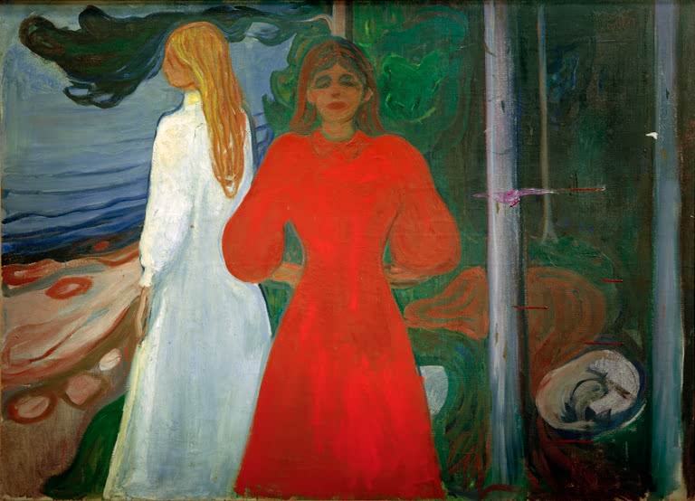 Zwei Frauen, eine in Weiß und eine in leuchtendem Rot, stehen am Strand vor Bäumen – Edvard Munch Rot und Weiß Kunstkopie