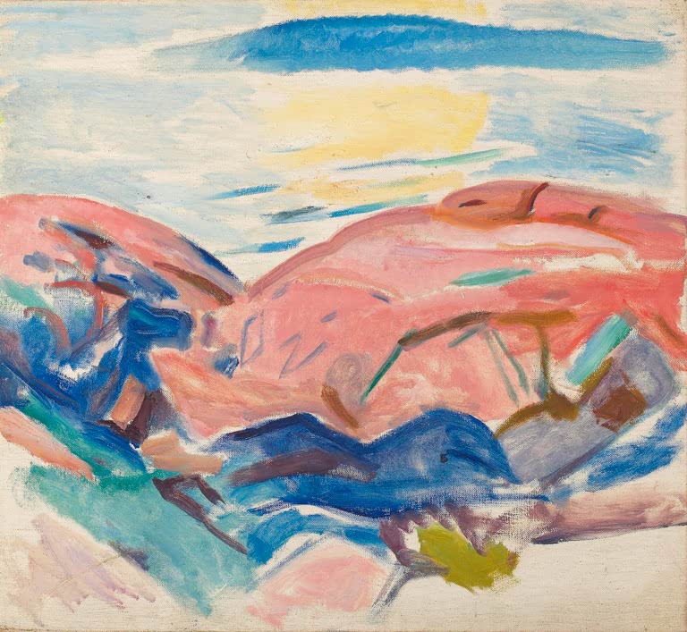 Rosa Felsen am Meer unter gelbem Himmel mit blauen Schatten – Edvard Munch Rote Felsen Kunstkopie