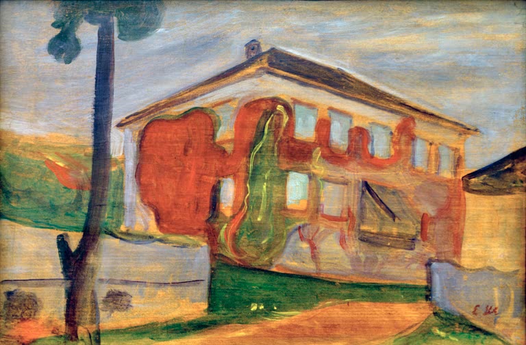 Rot berankte Hauswand mit Giebeldach, links ein hoher Baum – Edvard Munch Roter Wilder Wein Kunstkopie