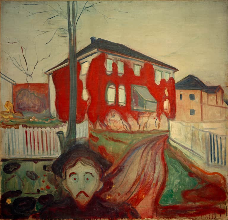 Rot berankte Hauswand mit Zaun, davor der Kopf eines erschrockenen Mannes – Edvard Munch Roter Wilder Wein Kunstkopie