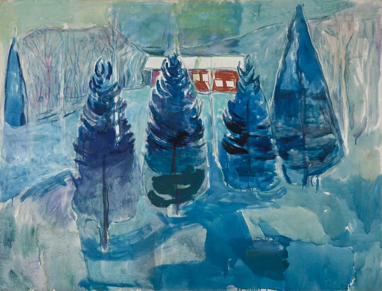 Blau schimmernde Fichten im Schnee vor einem kleinen roten Haus – Edvard Munch Rotes Haus und Fichten Kunstkopie