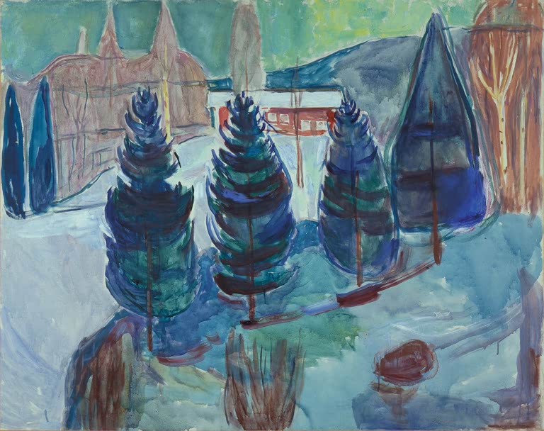 Verschneite Landschaft mit blauen Fichten, rotem Haus und fernen Türmen – Edvard Munch Rotes Haus und Fichten Kunstkopie