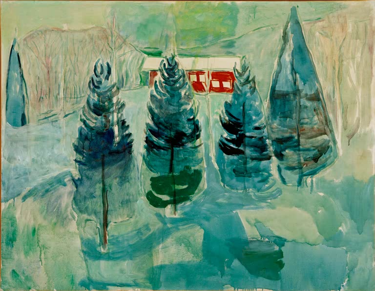 Vier junge Tannen im Schnee vor einem roten Haus in kühlen Blautönen – Edvard Munch Rotes Haus und Tannen I Kunstkopie