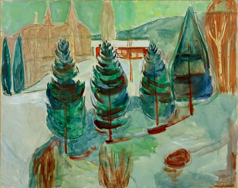 Rotes Haus hinter Tannen im Schnee mit blaugrüner Berglandschaft – Edvard Munch Rotes Haus und Tannen II Kunstkopie
