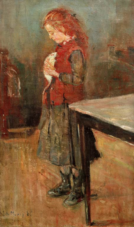 Mädchen in roter Weste hält eine weiße Ratte am Tisch – Edvard Munch Rothaariges Mädchen mit weißer Ratte Kunstkopie