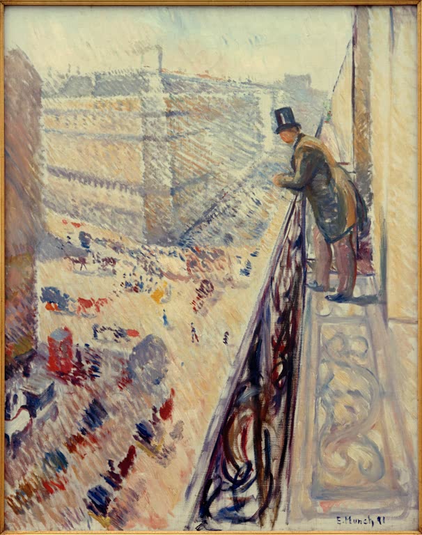 Blick von einem Balkon auf eine belebte Straßenkreuzung, links ein Mann mit Zylinder – Edvard Munch Rue Lafayette Kunstkopie