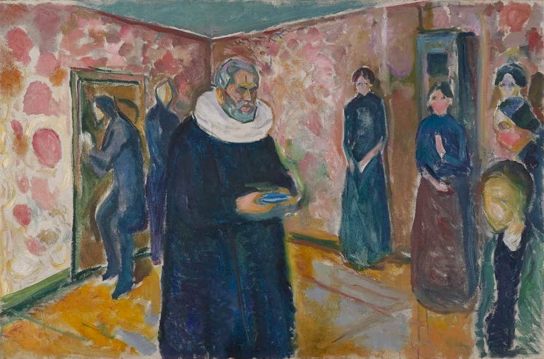 Edvard Munch Sakrament Kunstkopie, bärtiger Mann im dunklen Gewand reicht in rosafarbenem Raum eine Schale