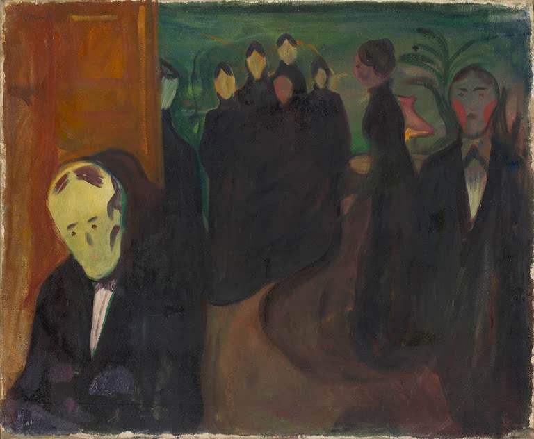 Kahlköpfiger Mann im Vordergrund vor dunkel gekleideten Gestalten in einem Raum – Edvard Munch Sanatorium Kunstkopie
