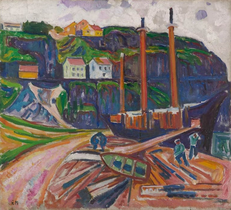 Edvard Munch Schiff wird abgewrackt Kunstkopie, farbenfrohe Werftszene mit Schornsteinen und Arbeitern am Ufer