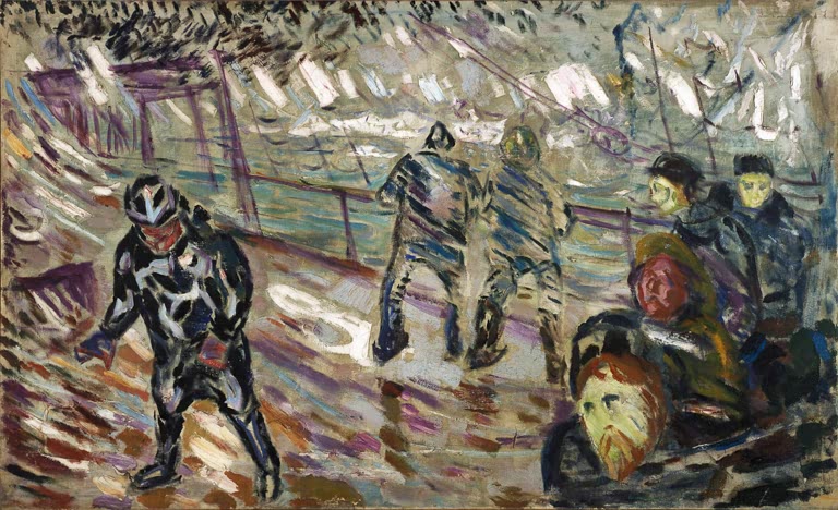 Gestalten stemmen sich gegen Sturm und Regen auf einem nassen Schiffsdeck – Edvard Munch Schiffsdeck im Sturm Kunstkopie
