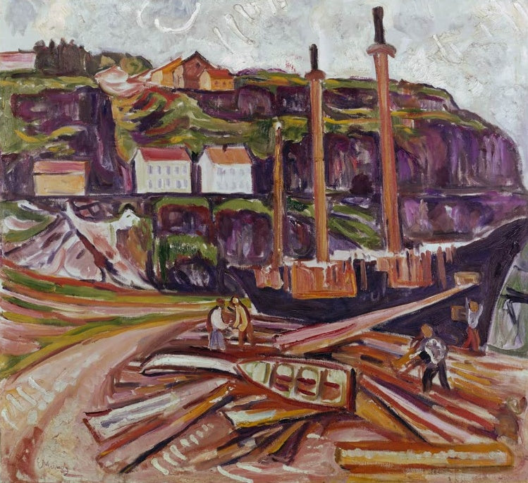 Segelschiff mit hohen Masten auf der Werft, davor Männer bei Holzplanken – Edvard Munch Schiffswerft Kunstkopie