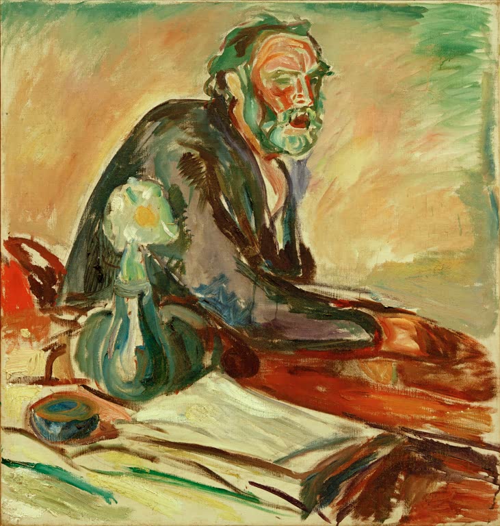 Bärtiger Mann sitzt an einem Tisch mit Buch und Vase – Edvard Munch Schlaflose Nacht II Kunstkopie
