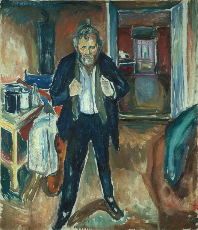 Bärtiger Mann in dunklem Anzug steht im Zimmer mit Tisch und Tür – Edvard Munch Schlaflose Nacht Kunstkopie