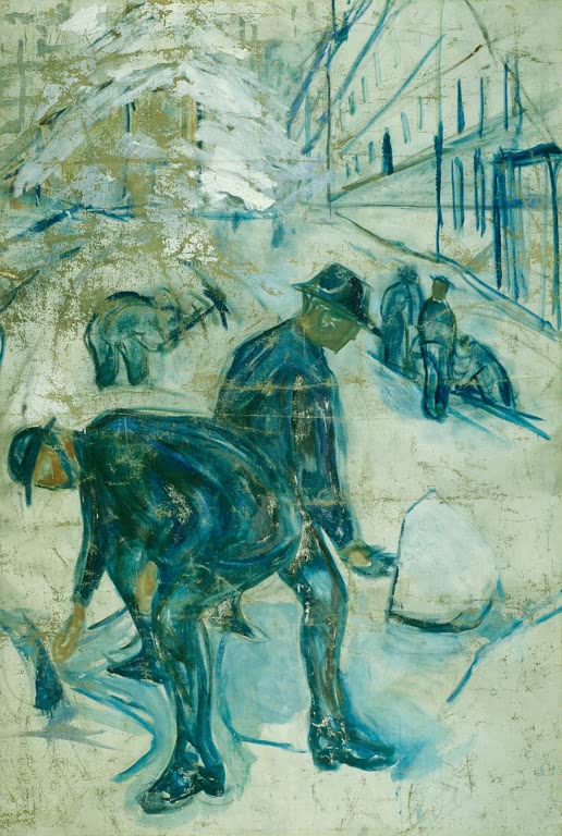 Arbeiter schaufeln Schnee an einer Straße – Edvard Munch Schneeschaufler auf der Baustelle Kunstkopie